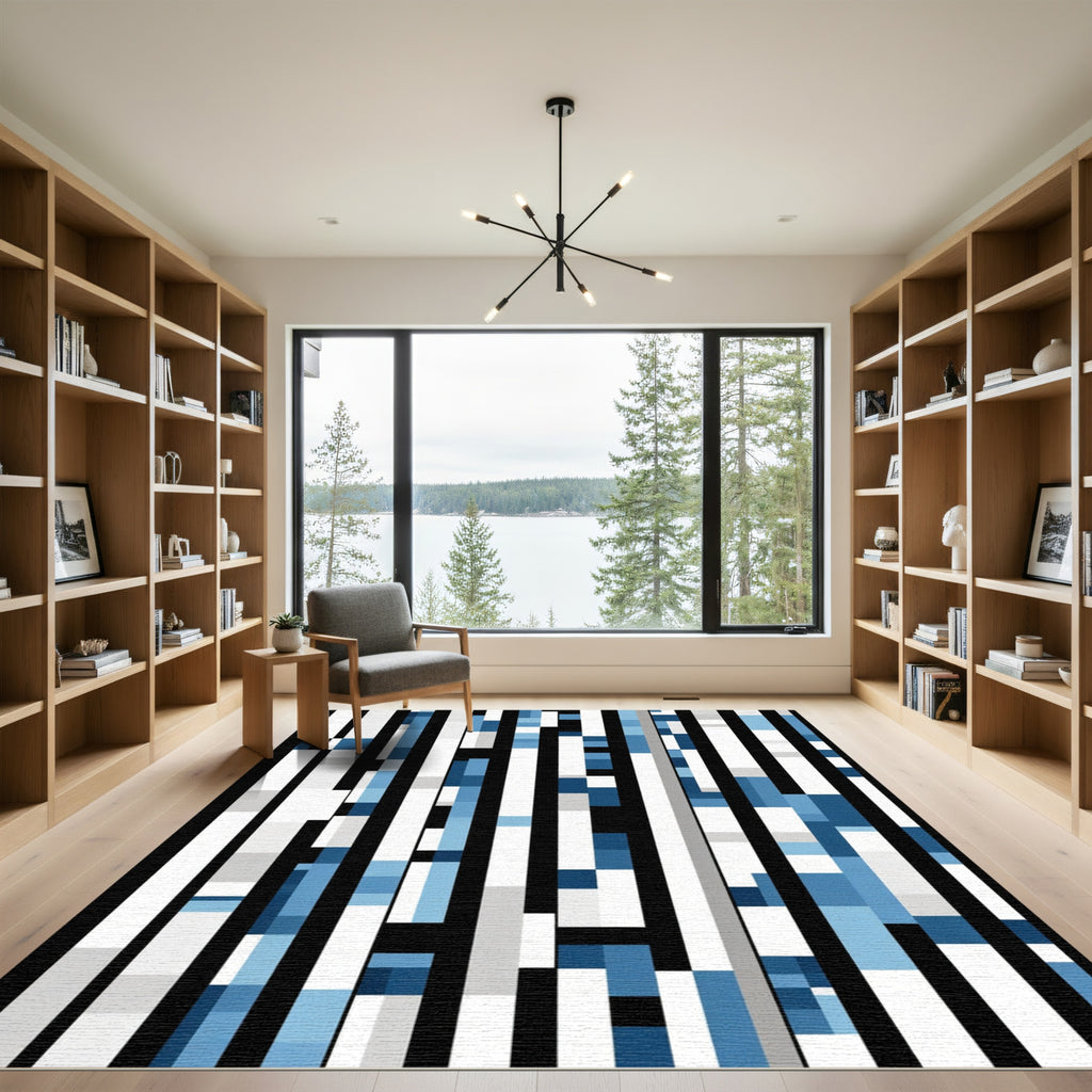 Abstract Blue White Vertical Blocks Rug