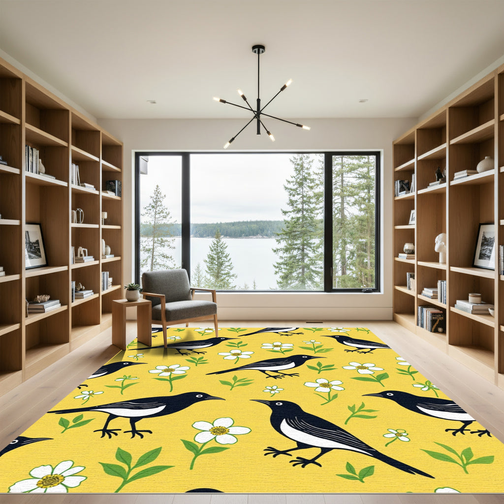Yellow Black Bird Blossom Garden Rug