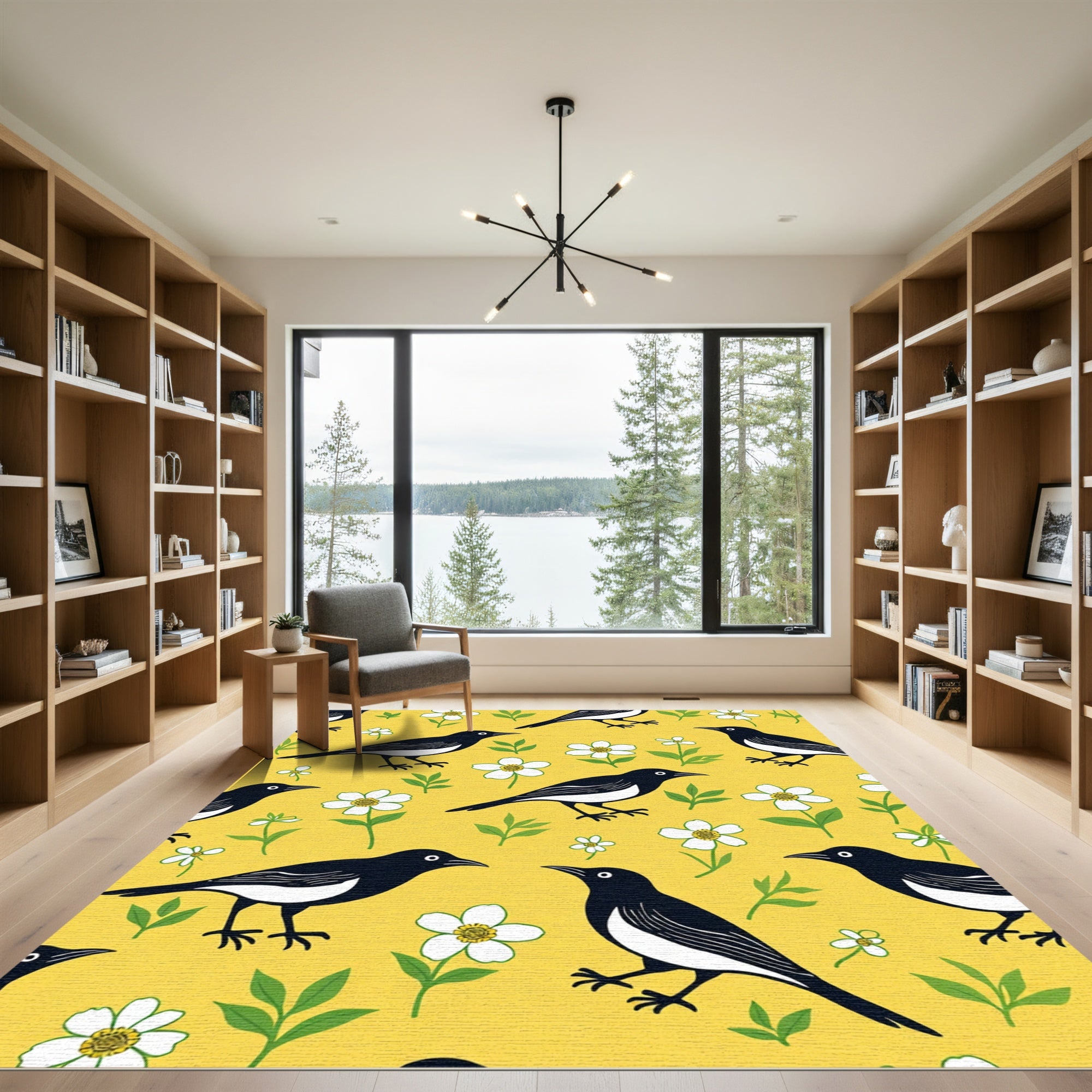 Yellow Black Bird Blossom Garden Rug