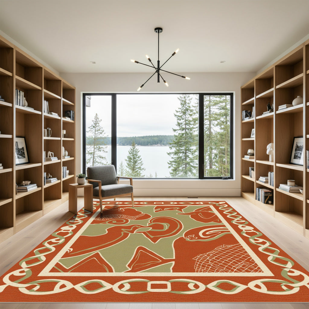 Terracotta Olive Abstract Organic Border Rug