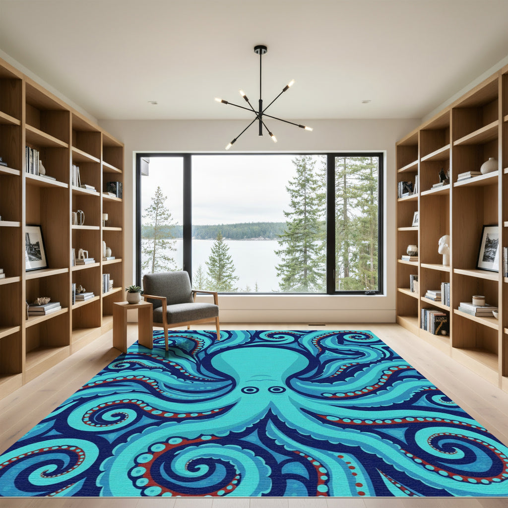 Aqua Blue Octopus Tentacle Swirl Rug