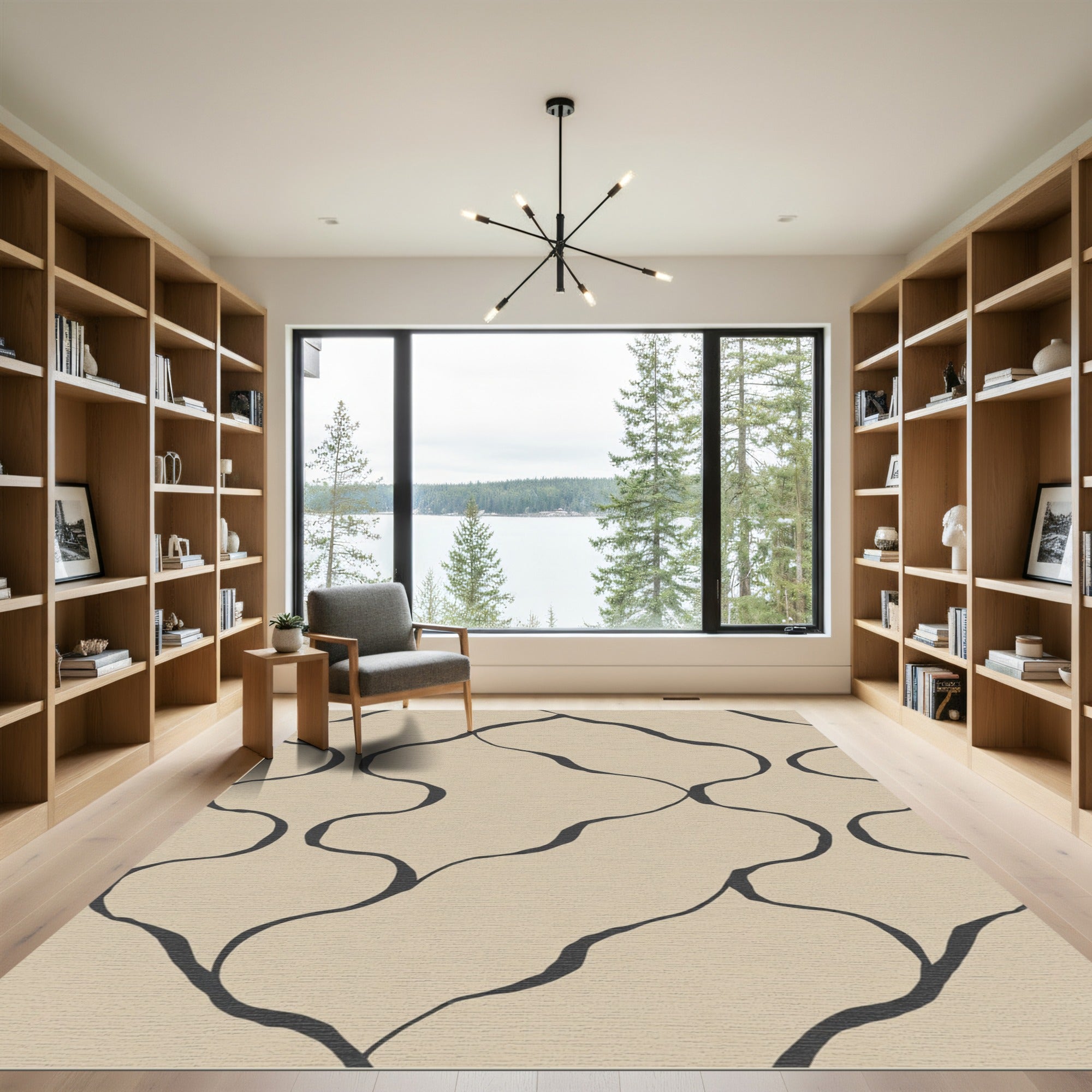Beige Organic Wavy Vine Linework Rug