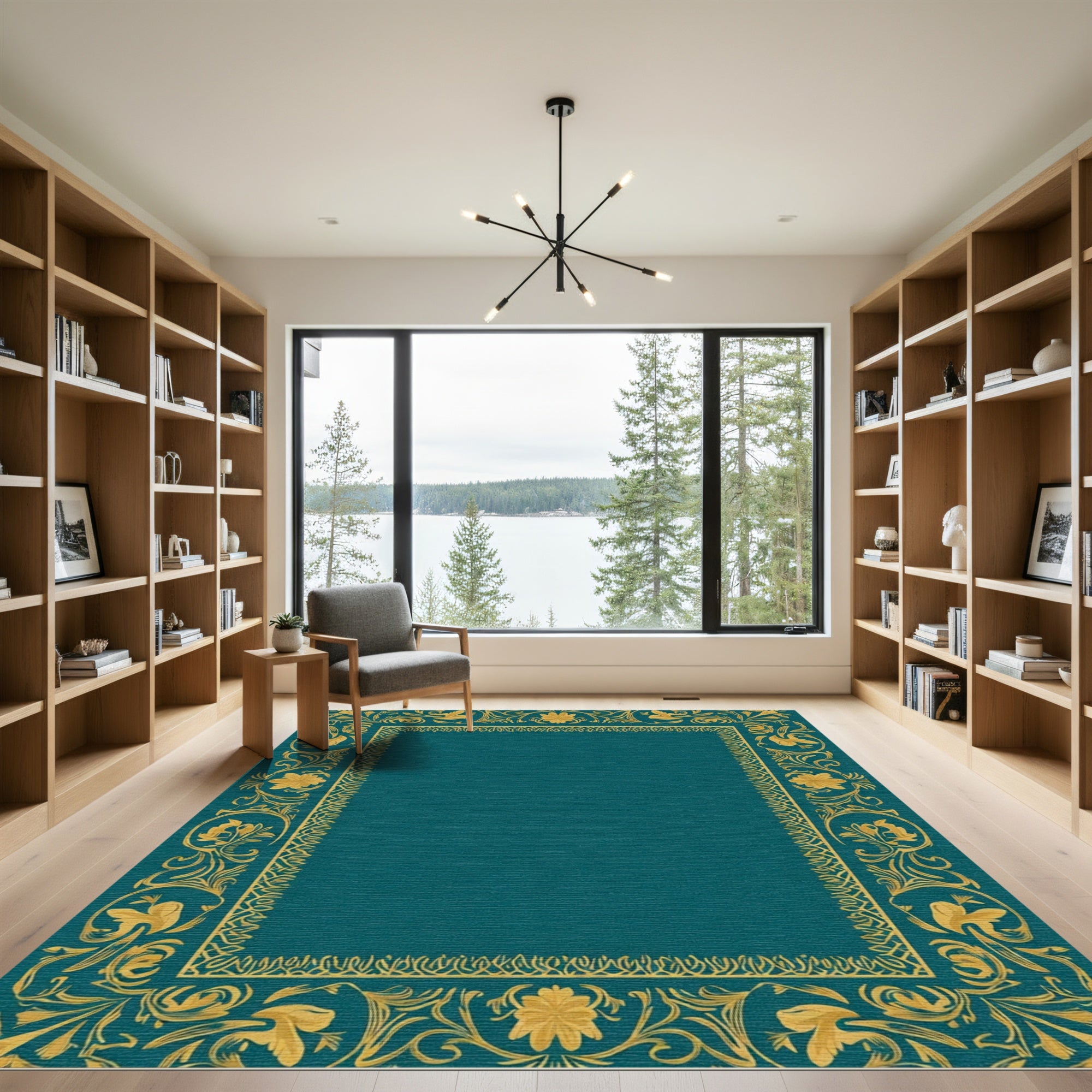 Gold Floral Border Teal Rug