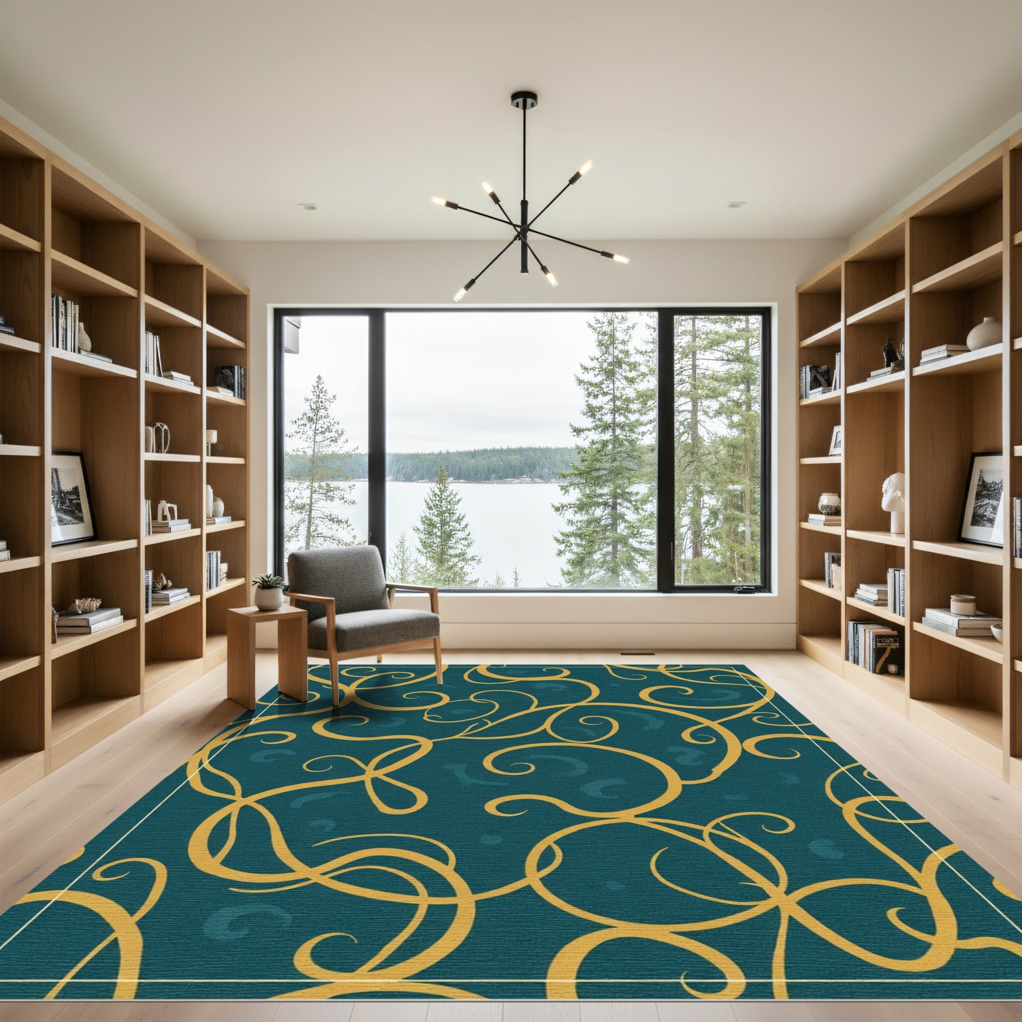 Teal Gold Swirling Vines Rug