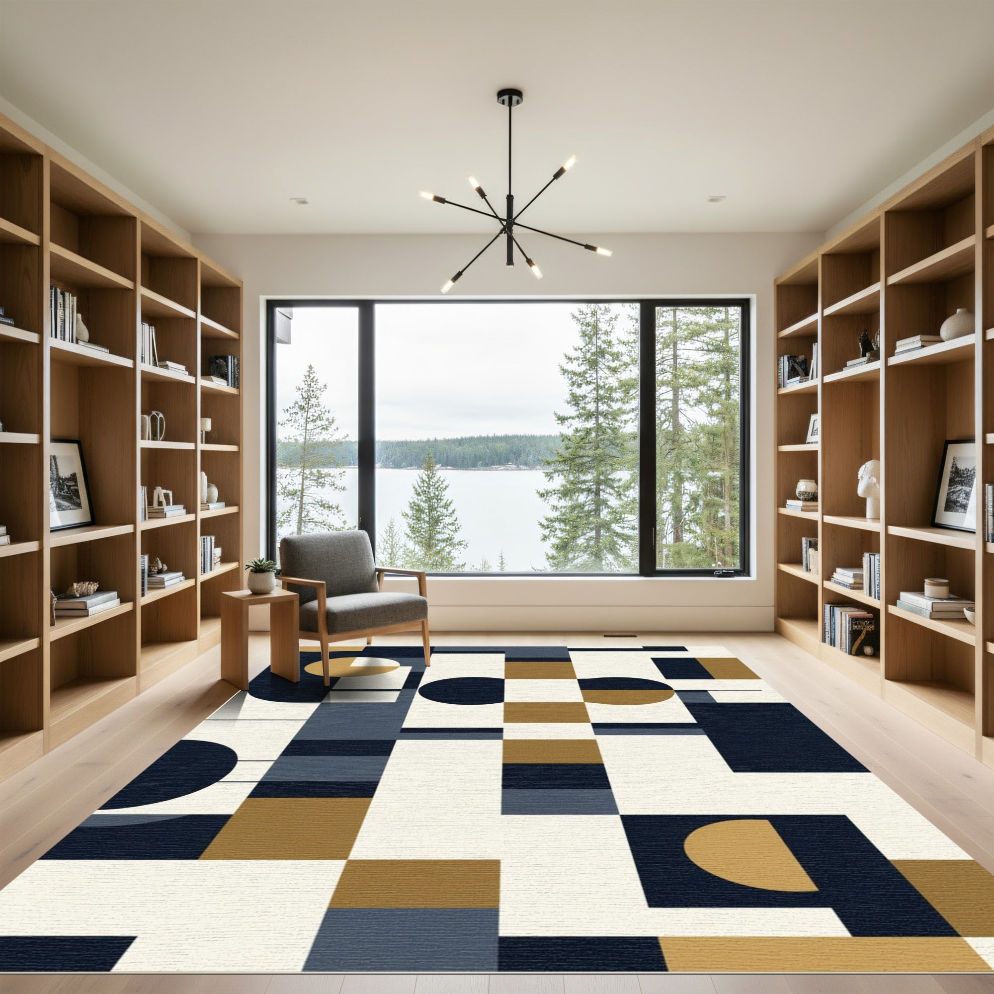 Navy Gold Abstract Geometric Rectangles Rug