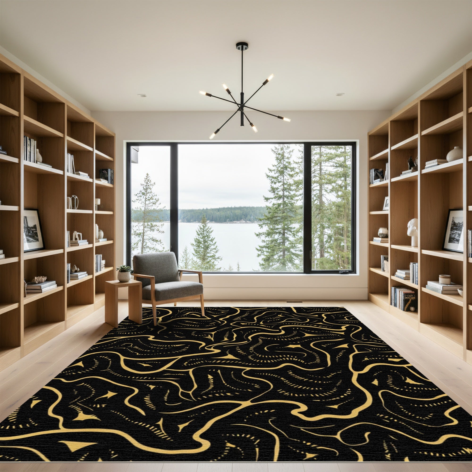 Gold Winding Lines on Black Canvas Rug