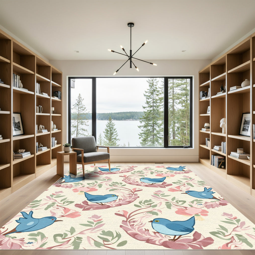 Blue Birds On Pink Floral Branches Rug
