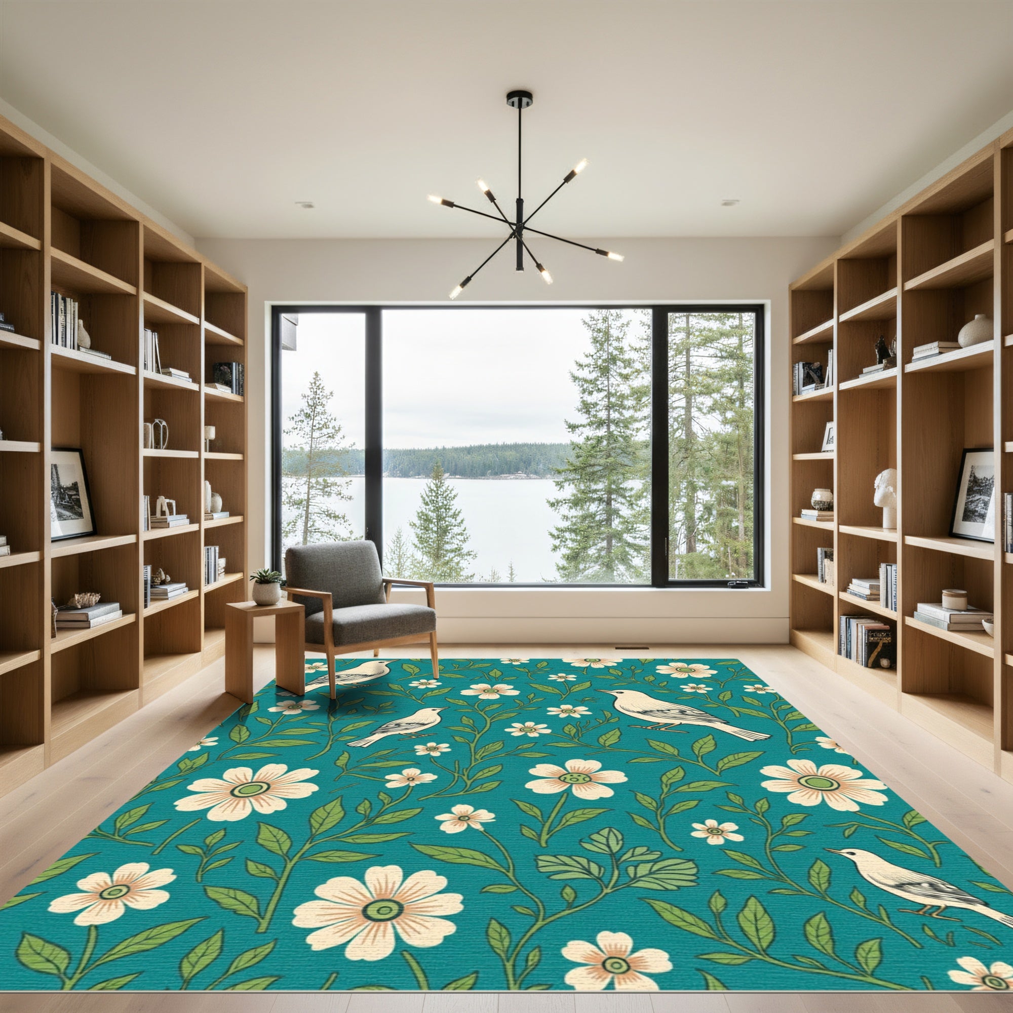 Teal Cream Bird Floral Garden Rug