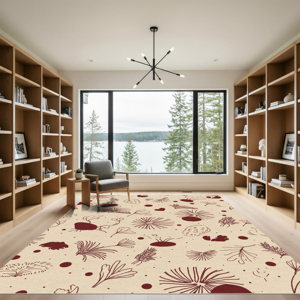 Crimson botanical linework scattered elements Rug