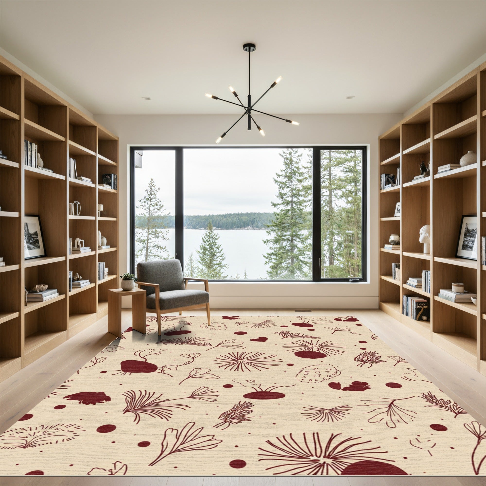 Crimson botanical linework scattered elements Rug