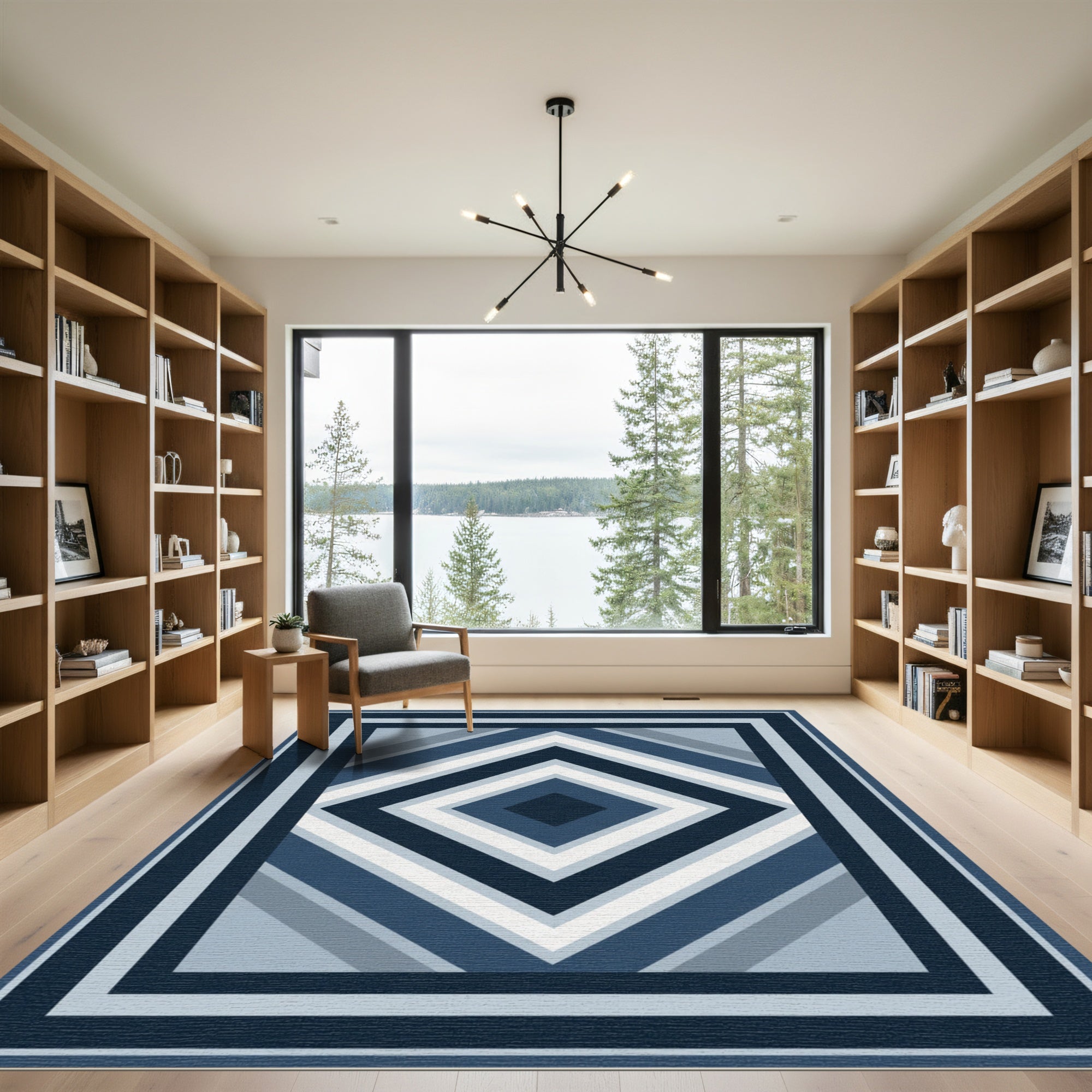 Deep Blue Geometric Diamond Layered Rug