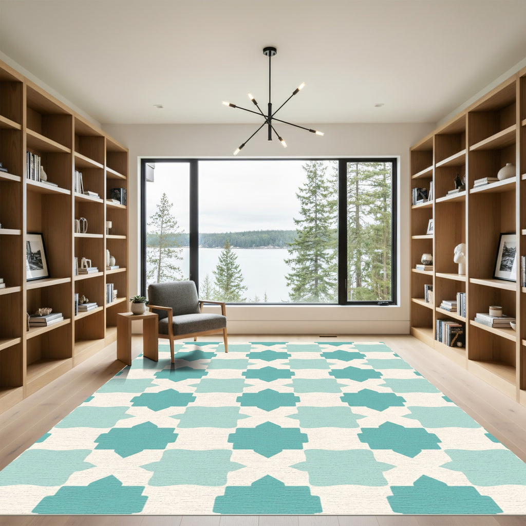 Teal Quatrefoil Geometric Tile Rug