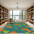 Vibrant Orange Floral Blue Green Swirls Rug