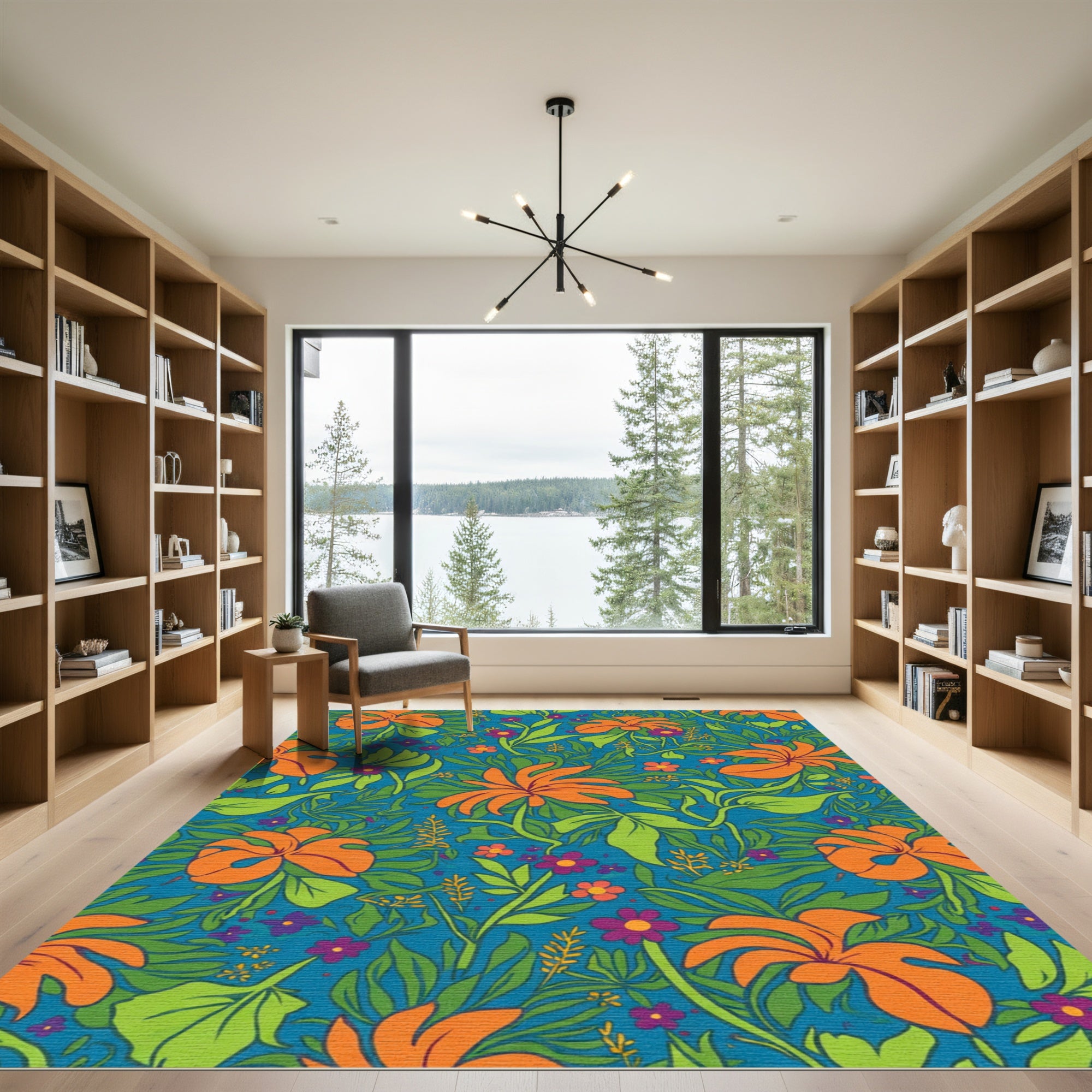 Vibrant Orange Floral Blue Green Swirls Rug