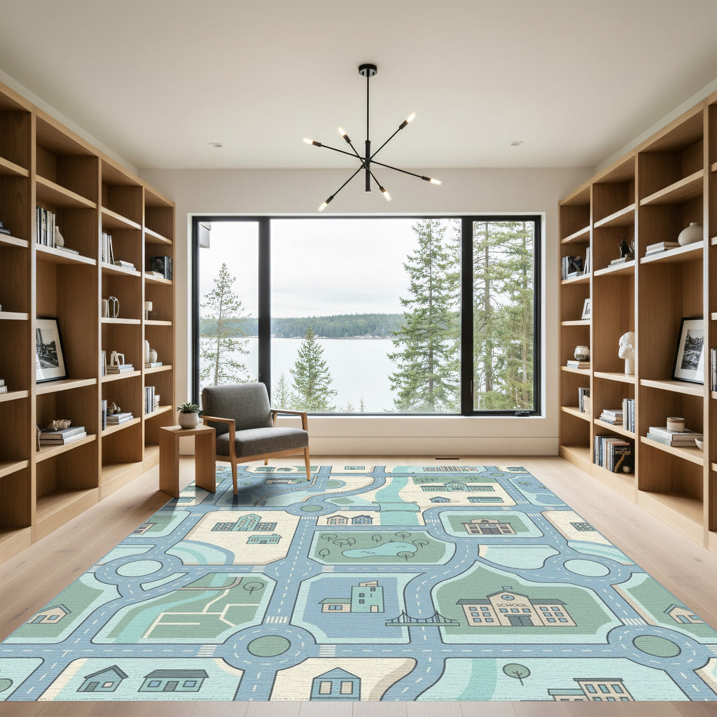 Soft Blue Cityscape Road Network Rug