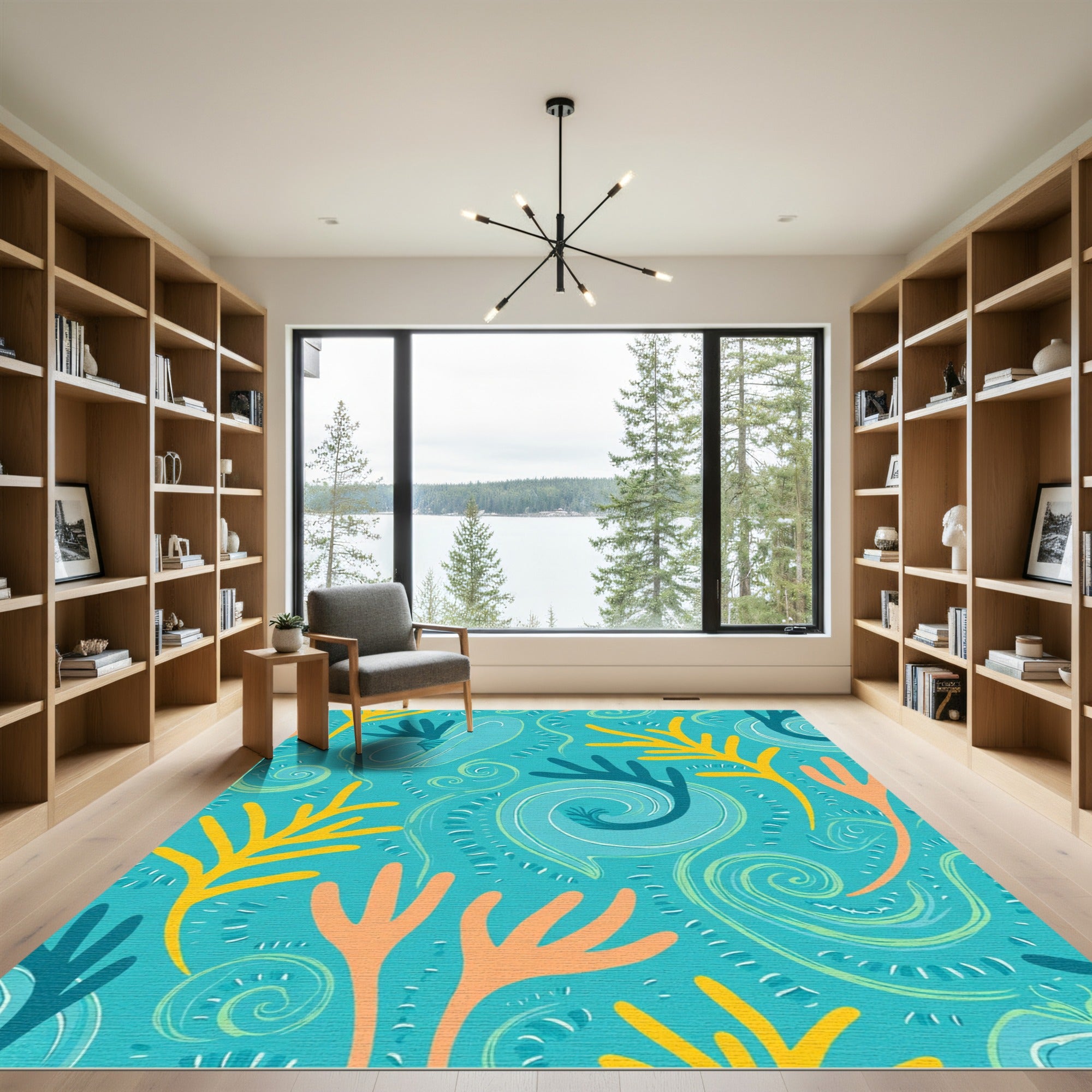 Oceanic Teal Coral Swirl Abstract Rug