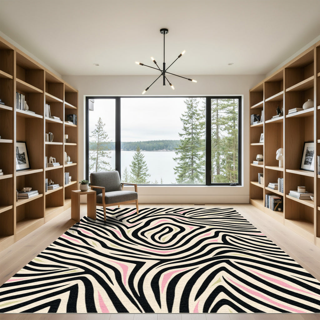 Cream Black Pink Zebra Swirl Rug
