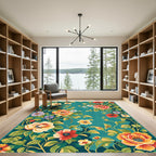 Vintage Teal Floral Garden Bouquet Rug