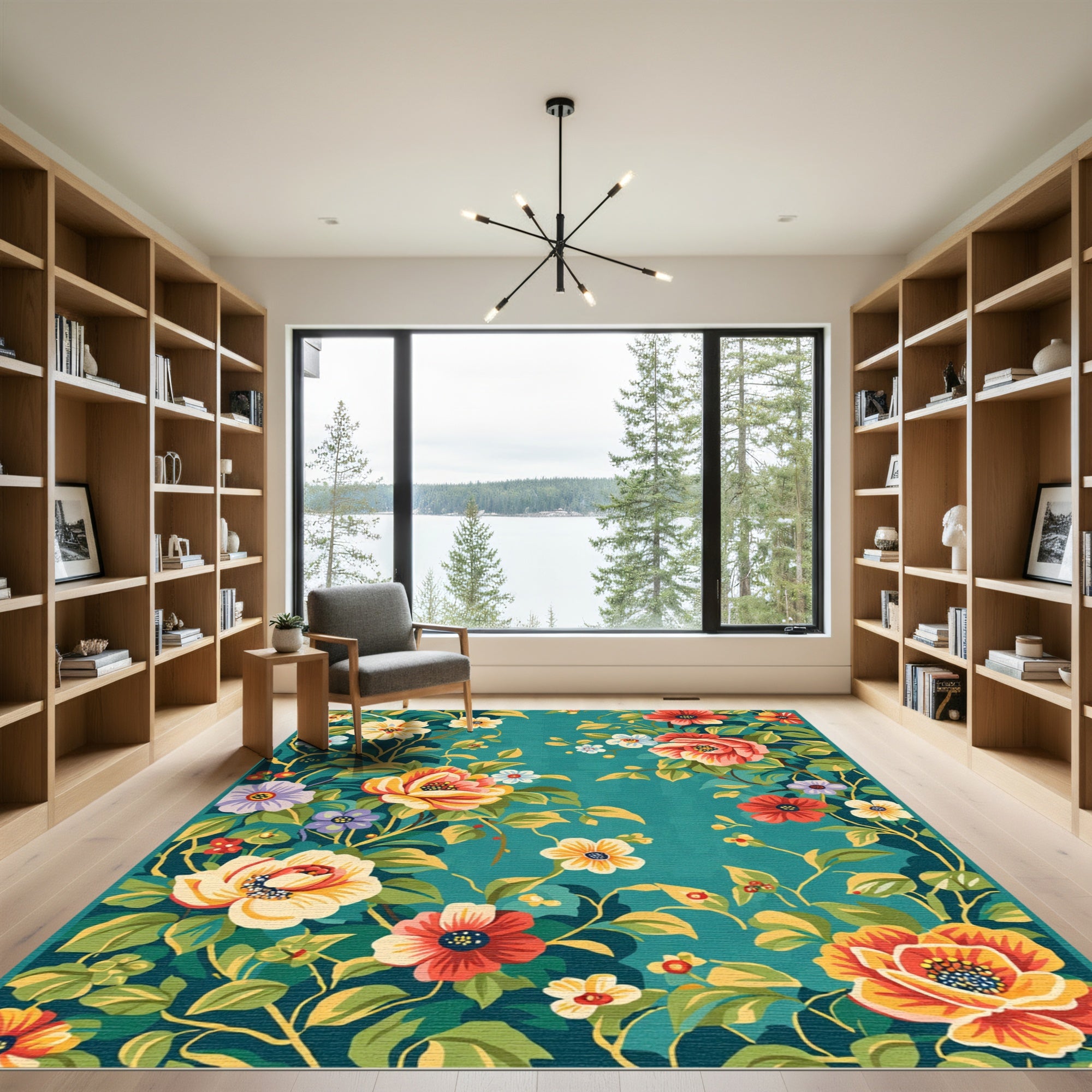Vintage Teal Floral Garden Bouquet Rug
