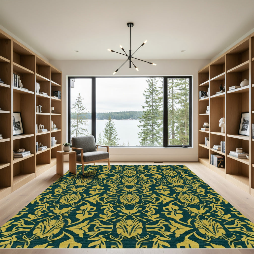 Gilded Teal Damask Floral Flourish Rug