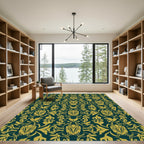Gilded Teal Damask Floral Flourish Rug