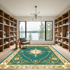 Teal Gold Floral Medallion Border Rug