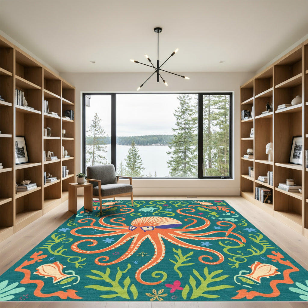 Whimsical Octopus Garden Teal Rug