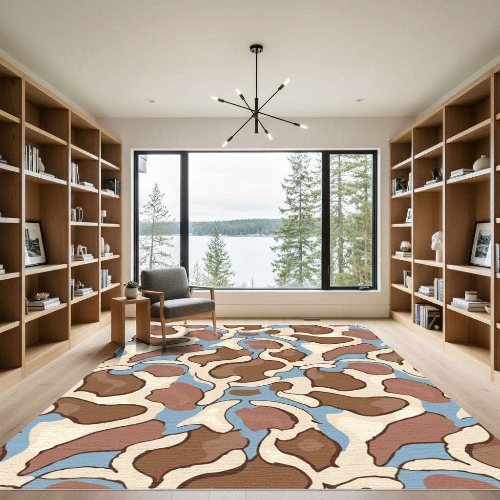 Brown Tan Blue Abstract Camouflage Rug