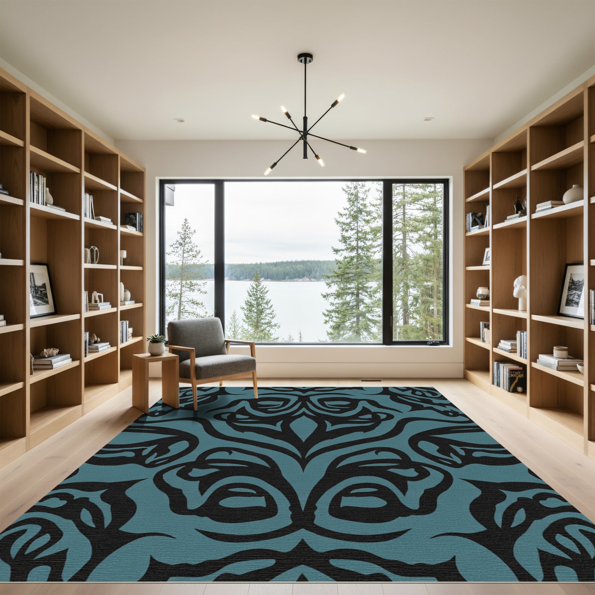 Deep Teal Black Organic Swirl Rug