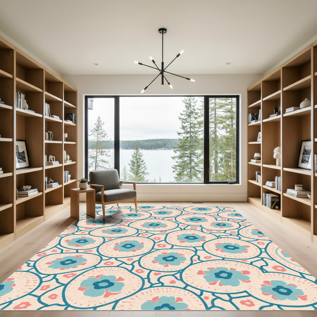 Teal Pink Floral Medallion Overlay Rug