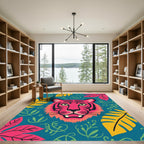 Vibrant Pink Tiger Jungle Leaves Rug