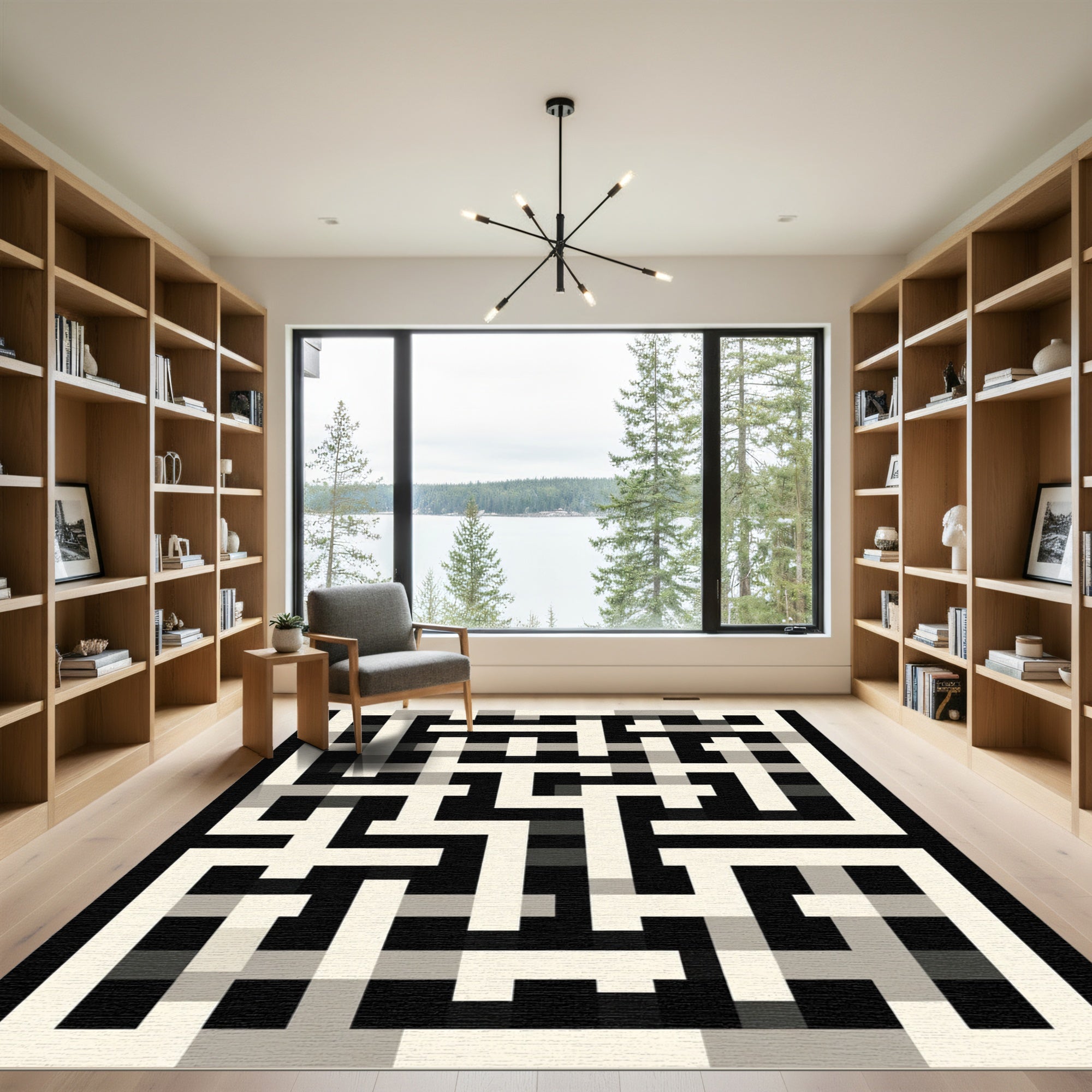 Monochrome Maze Geometric Lines Rug
