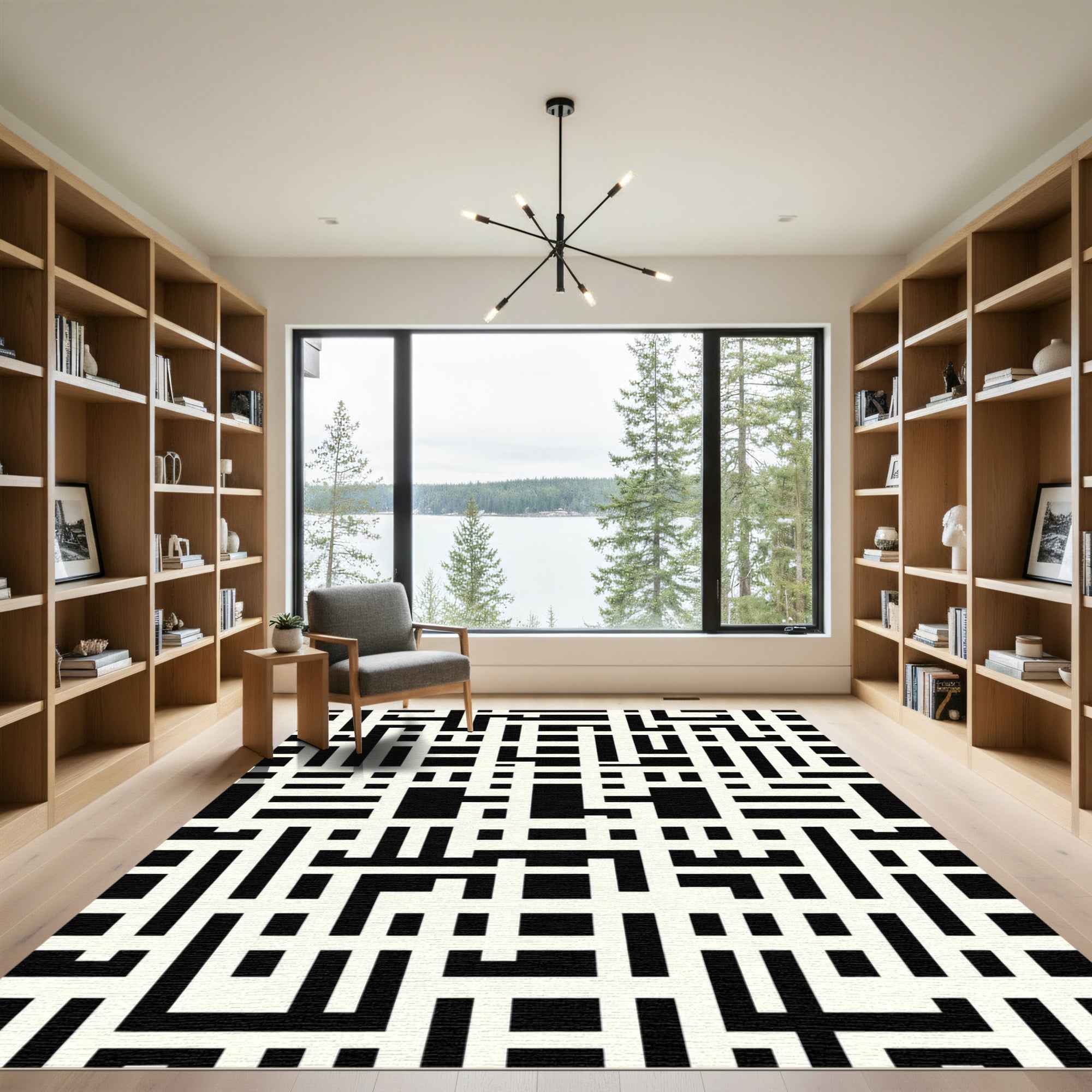 Black White Geometric Labyrinth Rug