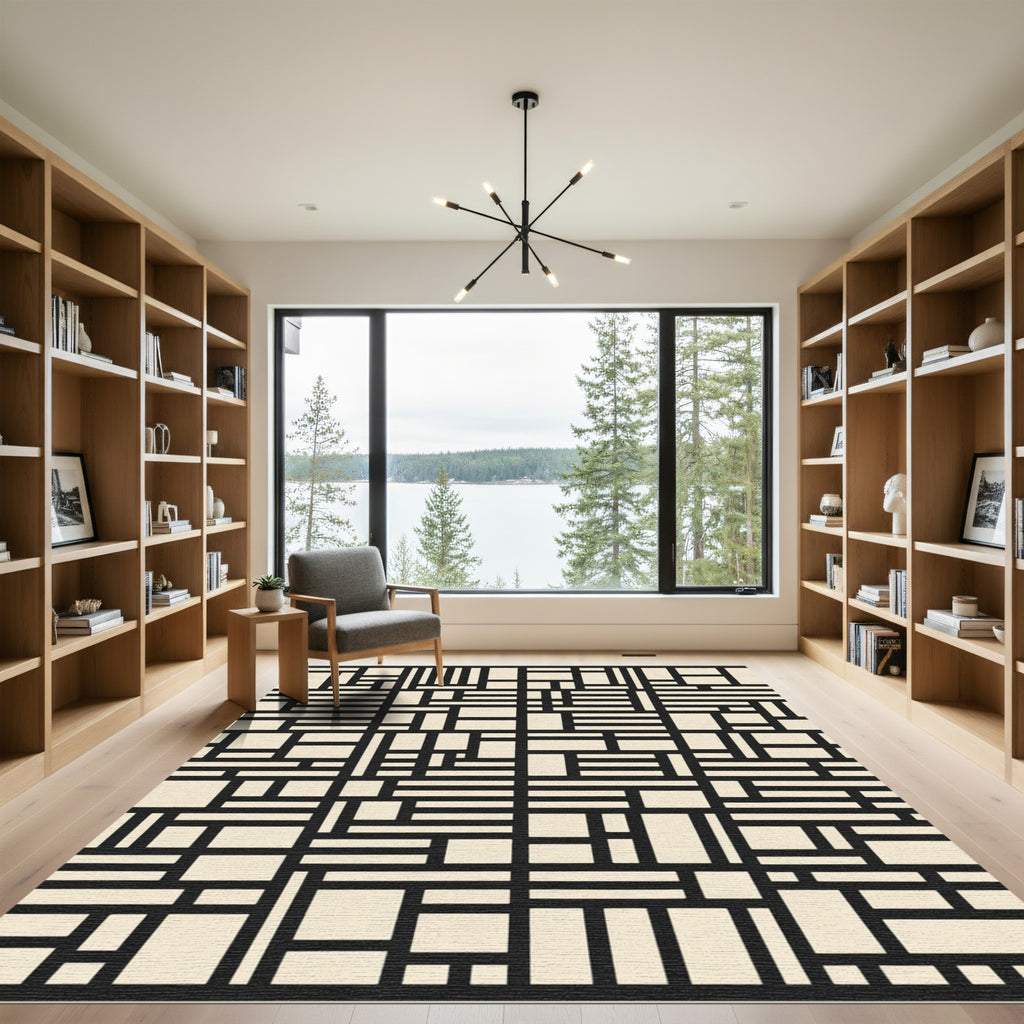 Minimalist Black Beige Geometric Interlock Rug