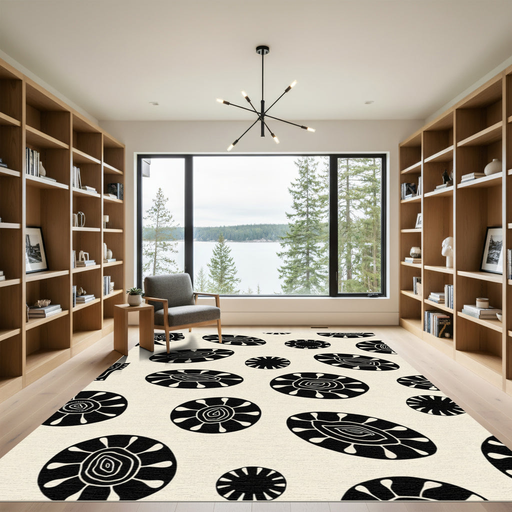 Black White Abstract Organic Rounds Rug