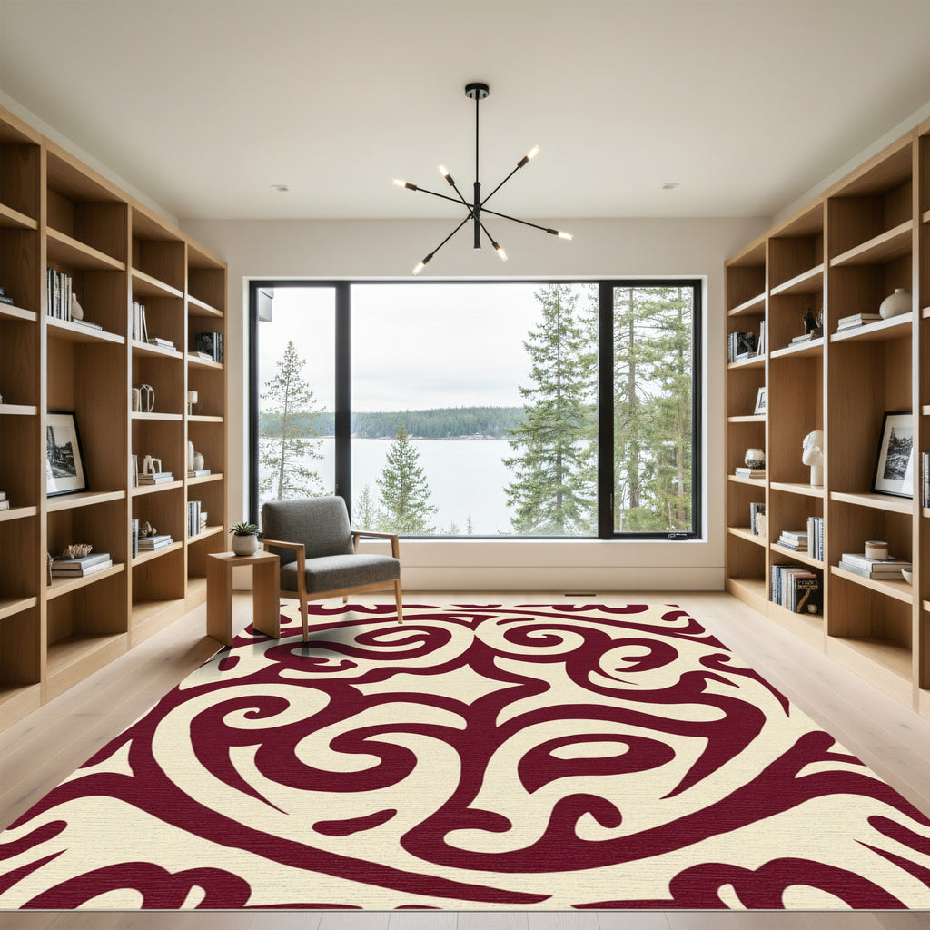 Crimson Swirl Cream Elegant Ornament Rug