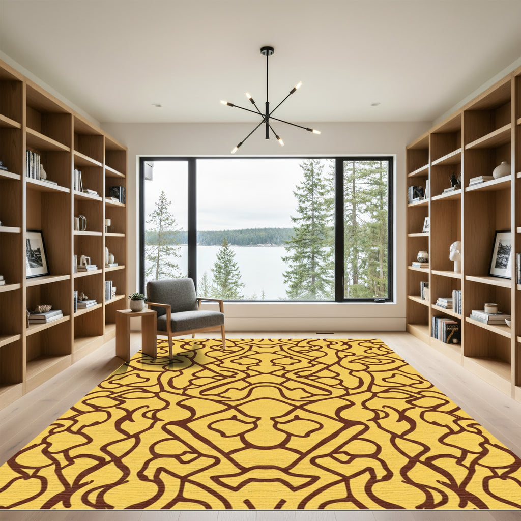 Golden Amber Abstract Linework Rug