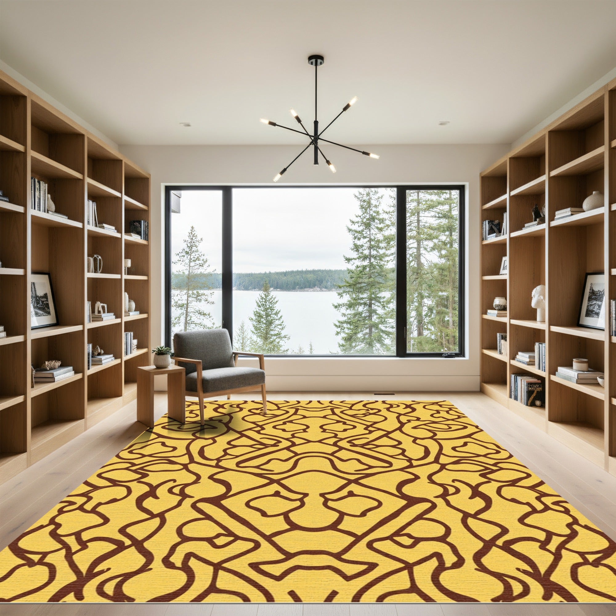 Golden Amber Abstract Linework Rug