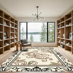 Cream Brown Leafy Scroll Border Rug