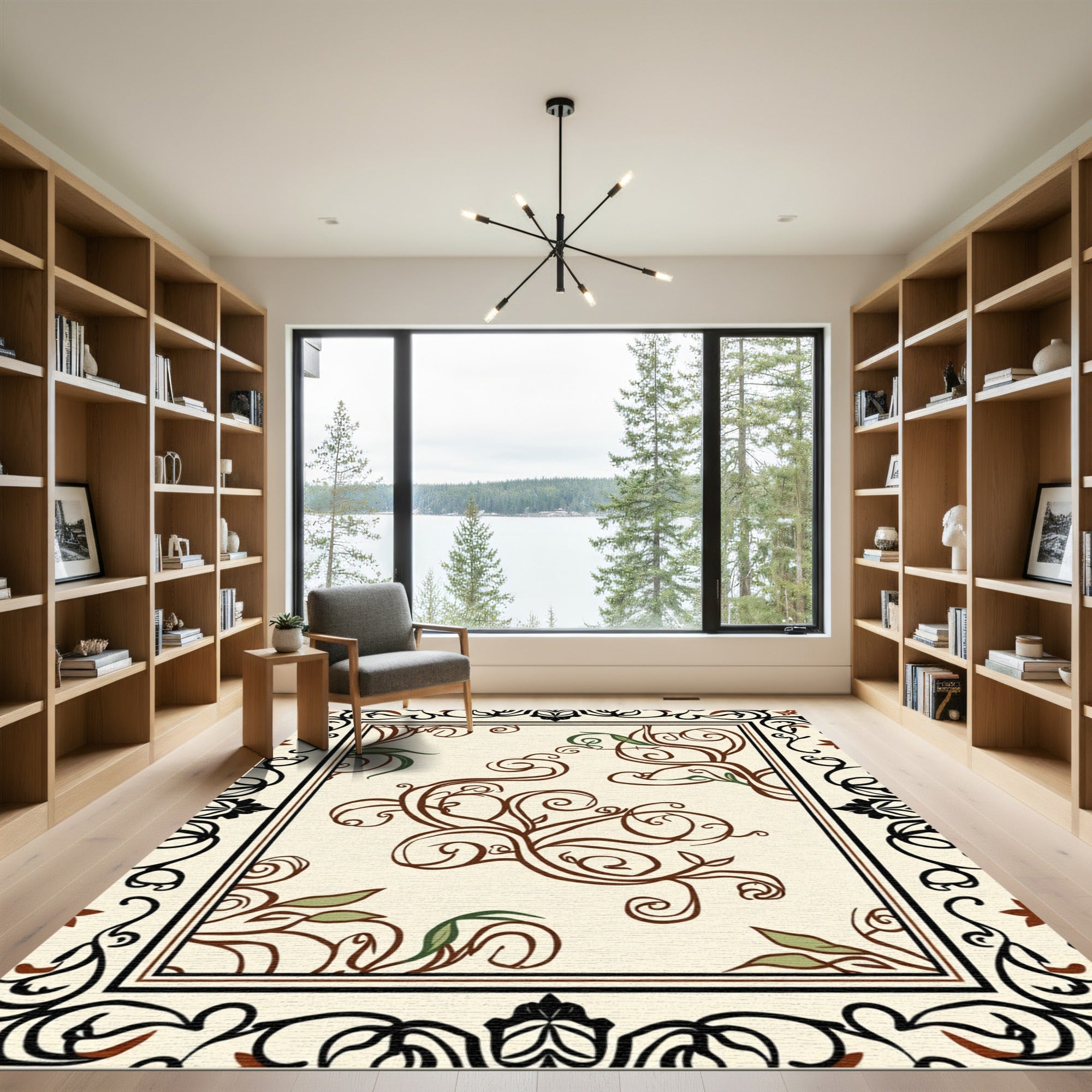 Cream Brown Leafy Scroll Border Rug