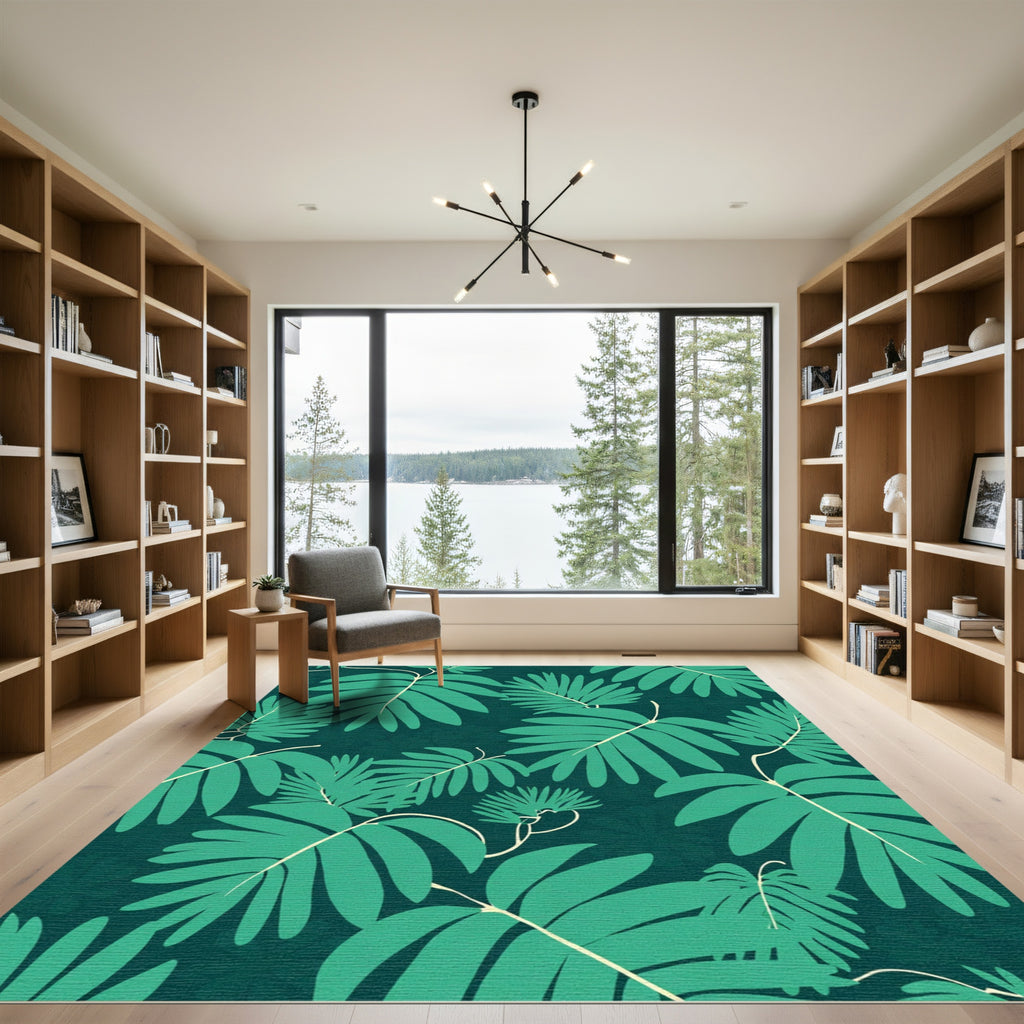 Teal Tropical Leafy Vines Rug