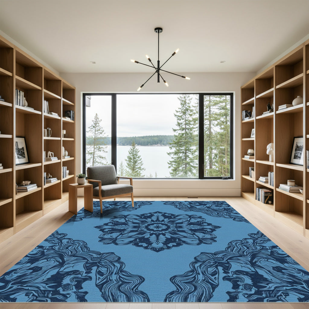 Deep Blue Floral Mandala Repeat Rug