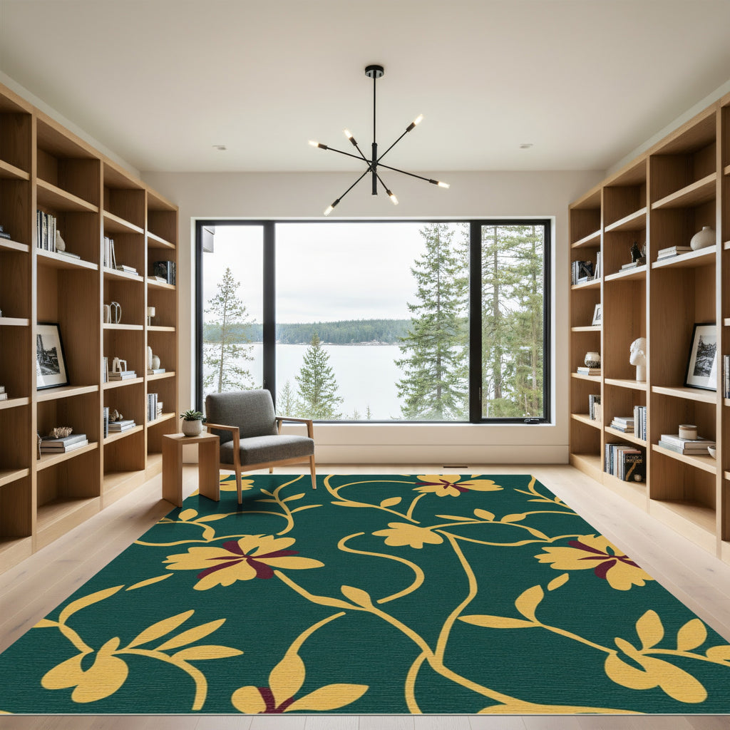 Teal Golden Floral Vine Arrangement Rug