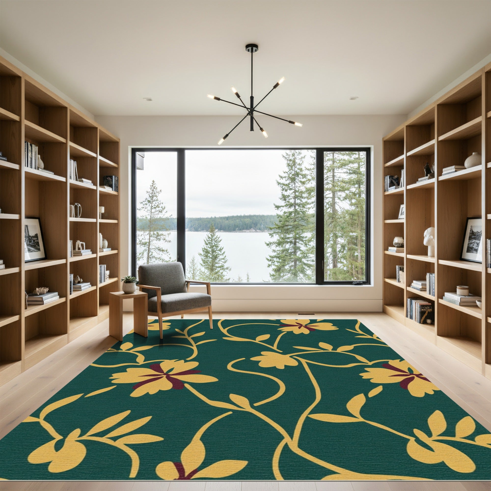 Teal Golden Floral Vine Arrangement Rug