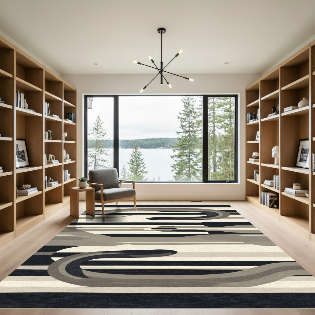 Monochrome Abstract Stripe Swirl Rug