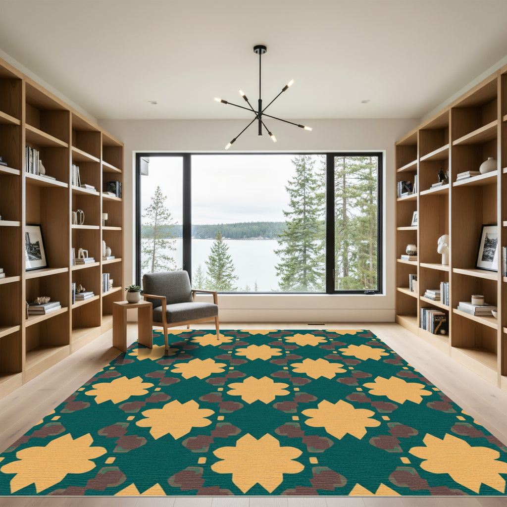 Teal Ochre Starburst Quatrefoil Composition Rug