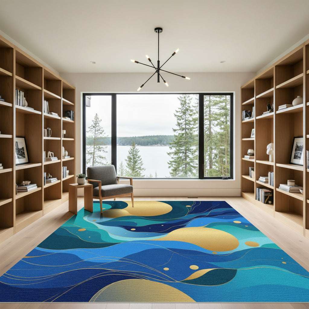 Abstract Blue Gold Wavy Swirls Rug