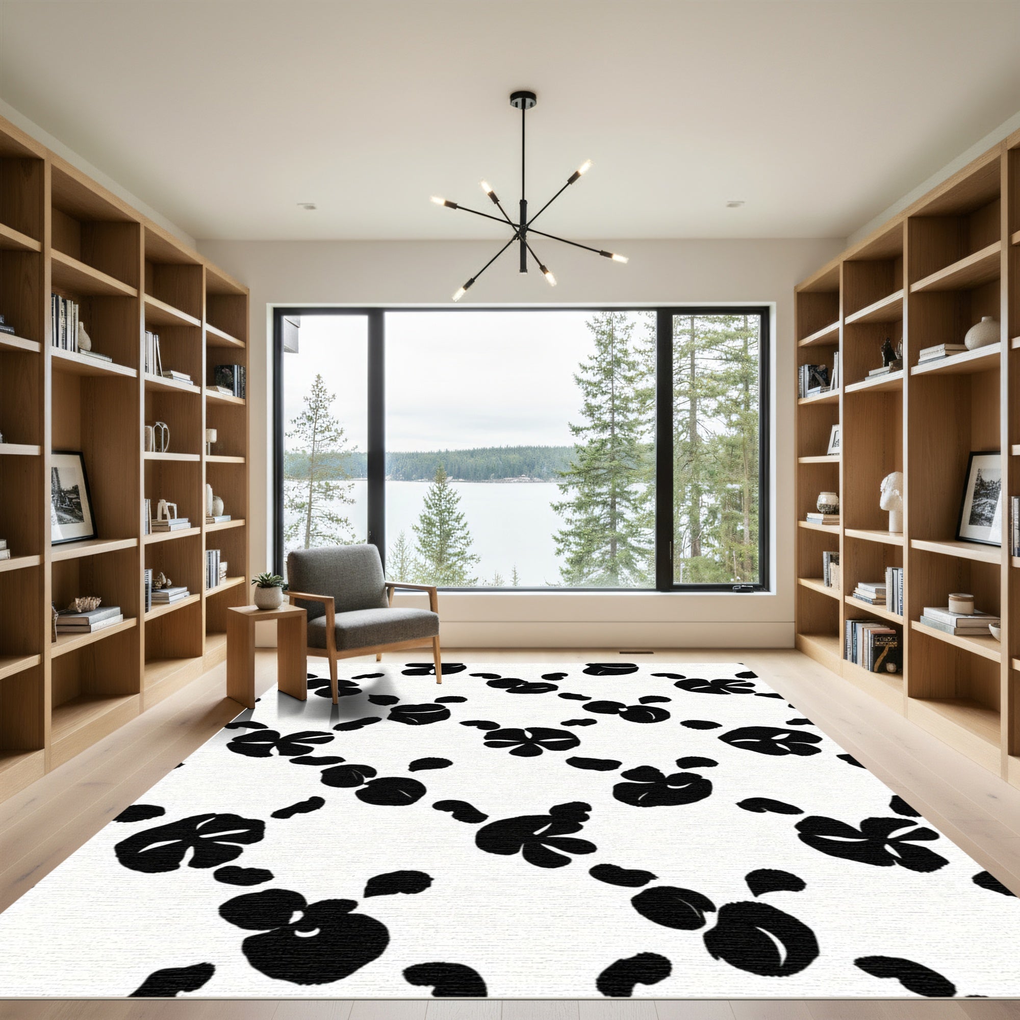 Black White Floral Scatter Rug