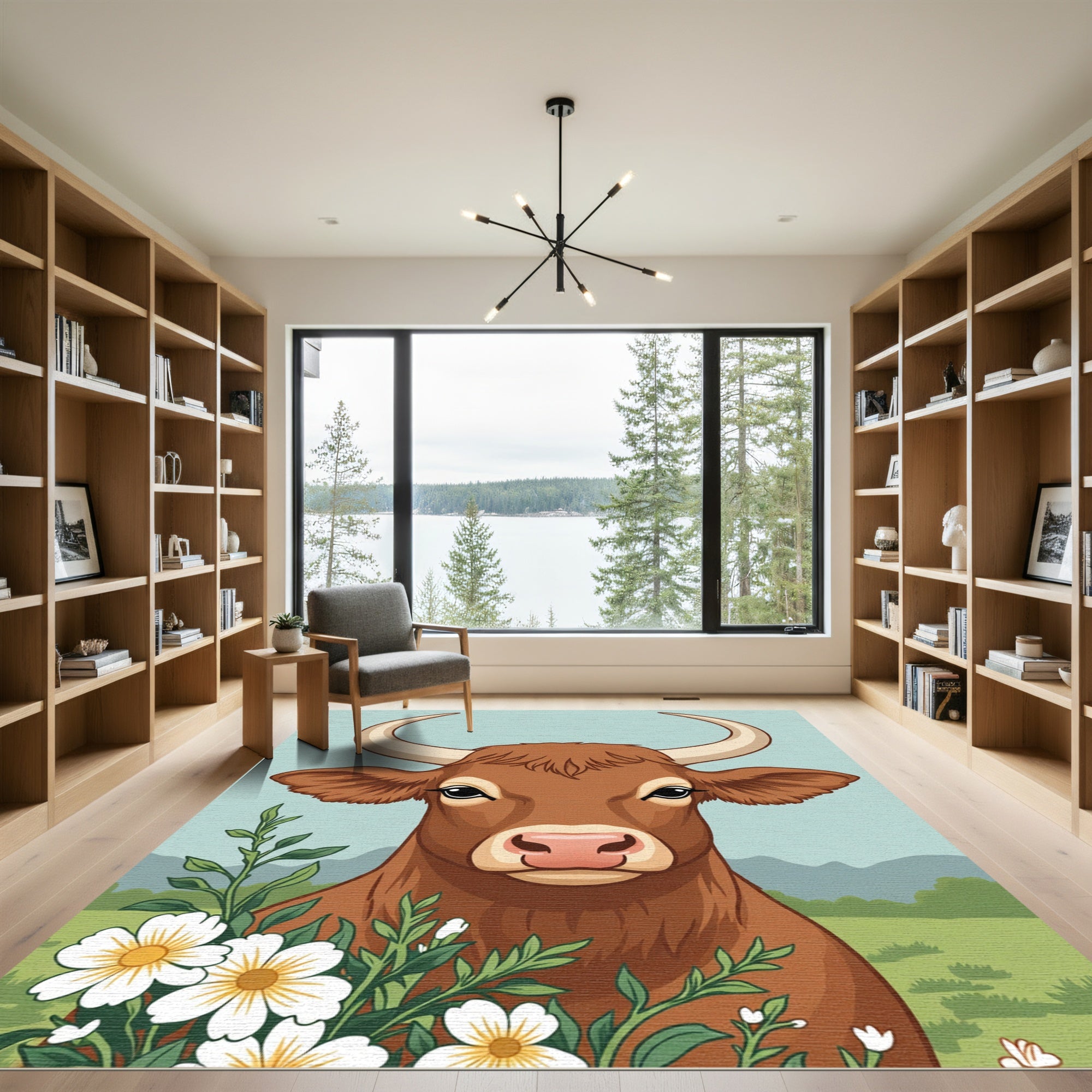 Brown Cow With White Flowers Meadow Rug