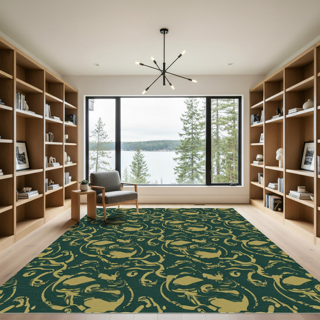 Emerald And Gold Abstract Swirl Rug